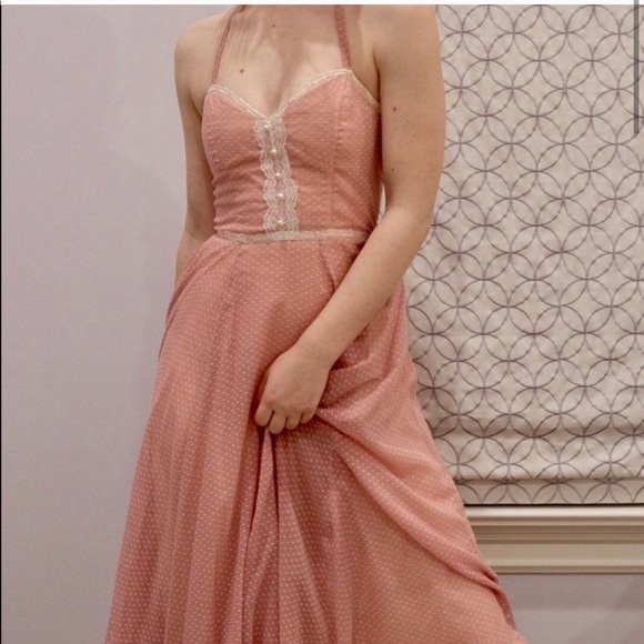 Vintage Gunne Sax blush w/ lace halter maxi dress - Picture 2 of 16